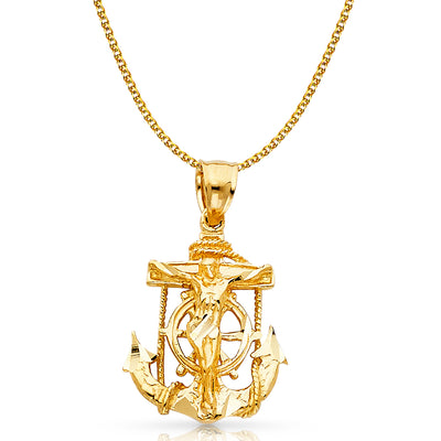 14K Gold Mariner Crucifix Charm Pendant with 1.7mm Flat Open Wheat Chain Necklace