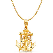 14K Gold Mariner Crucifix Charm Pendant with 1.5mm Flat Open Wheat Chain Necklace