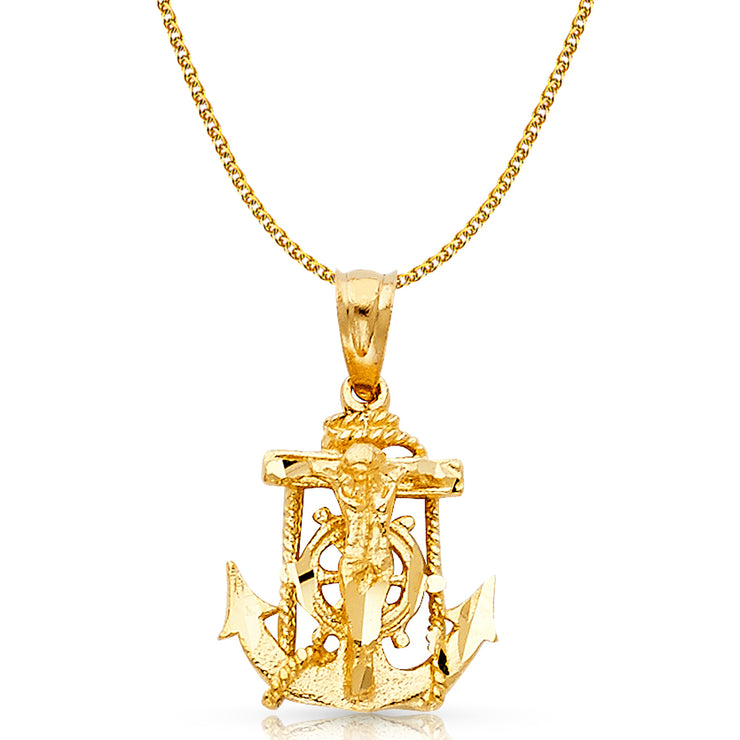 14K Gold Mariner Crucifix Charm Pendant with 1.5mm Flat Open Wheat Chain Necklace