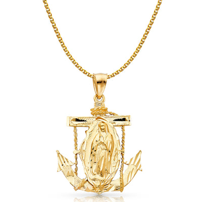 14K Gold Guadalupe Charm Pendant with 2mm Flat Open Wheat Chain Necklace