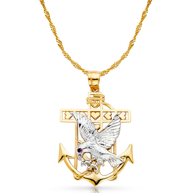 14K Gold Mariner Eagle Charm Pendant with 1.8mm Singapore Chain Necklace