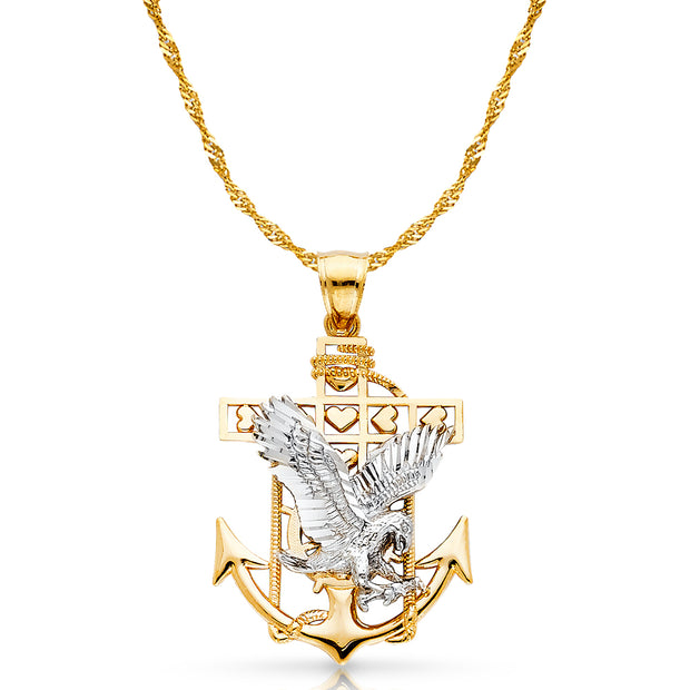 14K Gold Mariner Eagle Charm Pendant with 1.8mm Singapore Chain Necklace