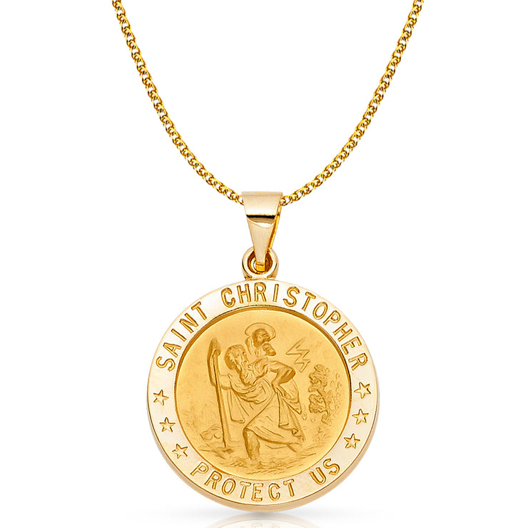 14K Gold St. Christopher Charm Pendant with 1.7mm Flat Open Wheat Chain Necklace