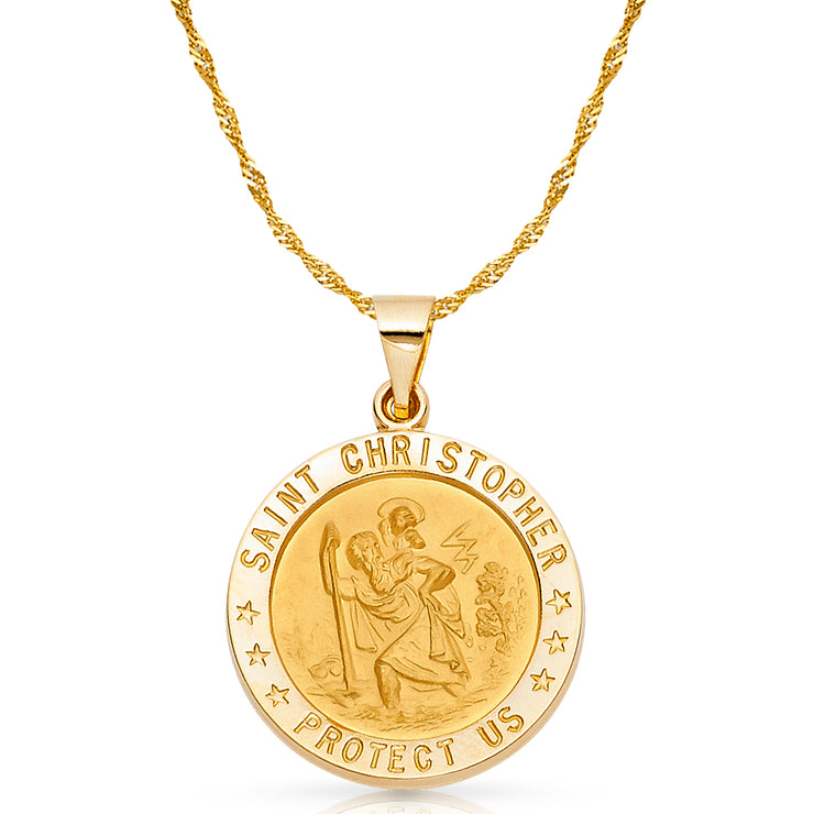 14K Gold St. Christopher Charm Pendant with 1.8mm Singapore Chain Necklace