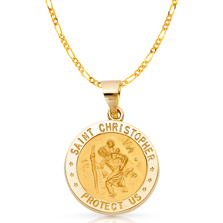 14K Gold St. Christopher Charm Pendant with 3.1mm Figaro 3+1 Chain Necklace