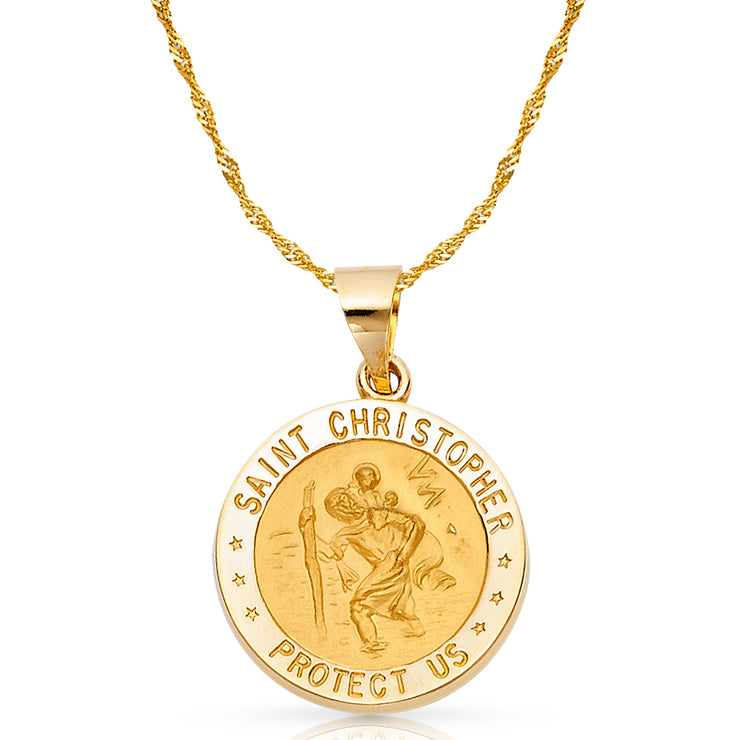 14K Gold St. Christopher Charm Pendant with 1.8mm Singapore Chain Necklace