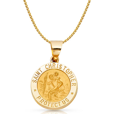 14K Gold St. Christopher Charm Pendant with 1.7mm Flat Open Wheat Chain Necklace