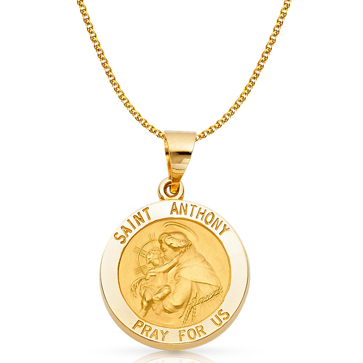 14K Gold St. Anthony Charm Pendant with 1.7mm Flat Open Wheat Chain Necklace