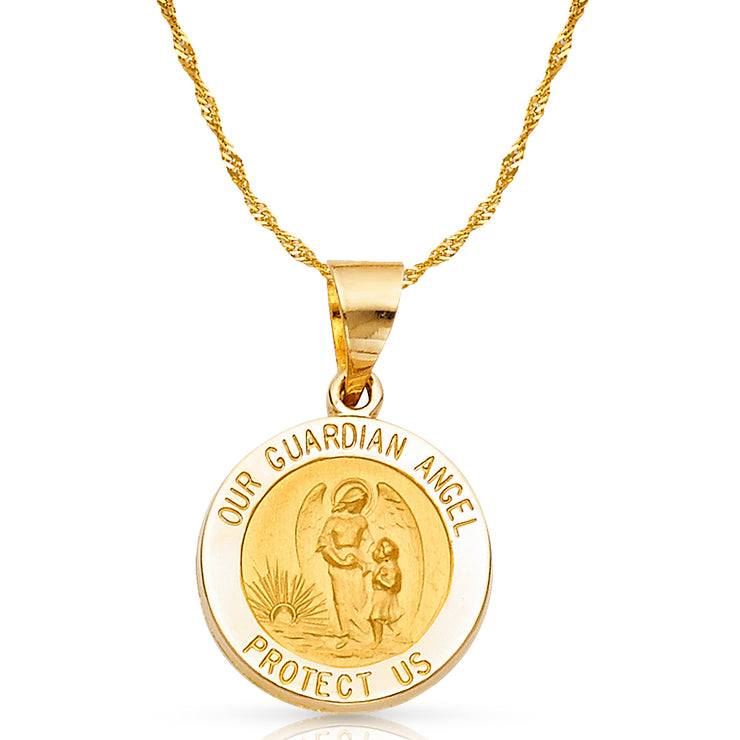 14K Gold Our Guardian Angel Charm Pendant with 1.8mm Singapore Chain Necklace