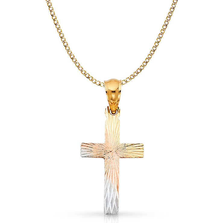 14K Gold Cross Stamp Charm Pendant with 3.4mm Hollow Cuban Chain Necklace