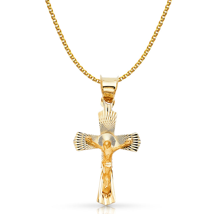 14K Gold Crucifix Stamp Charm Pendant with 1.7mm Flat Open Wheat Chain Necklace