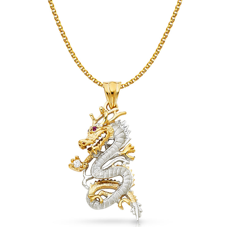 14K Gold CZ Dragon Charm Pendant with 2mm Flat Open Wheat Chain Necklace