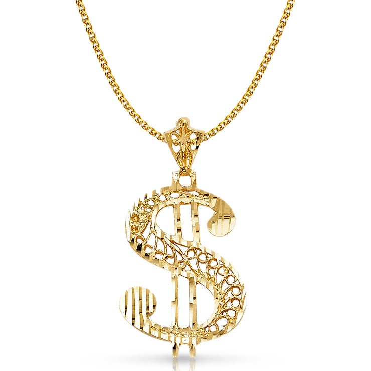 14K Gold Dollar Sign Charm Pendant with 2mm Flat Open Wheat Chain Necklace