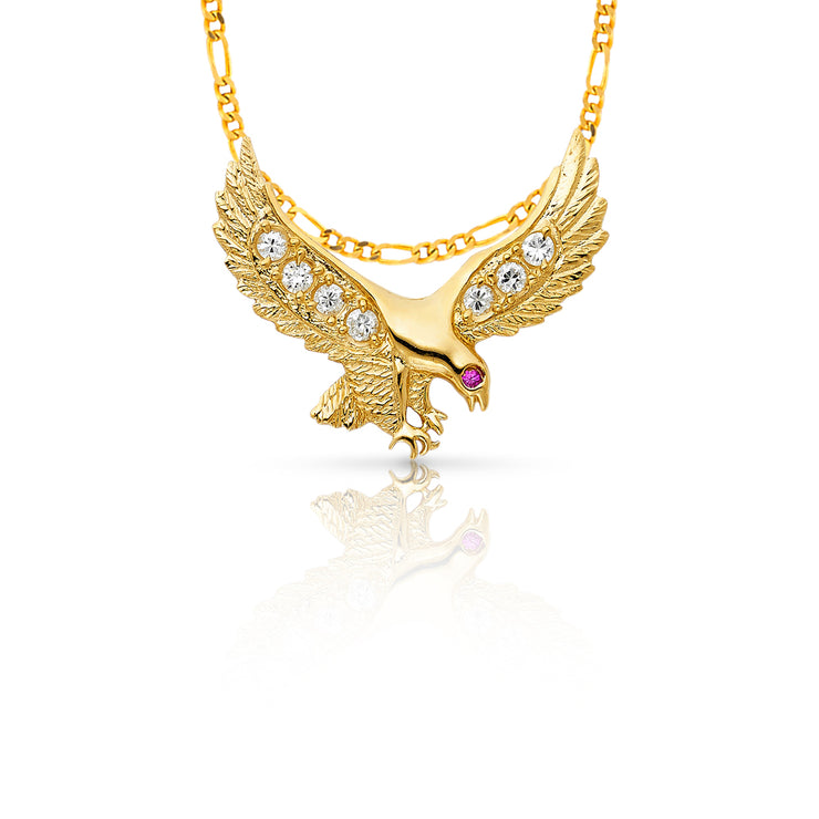 14K Gold CZ Eagle Charm Pendant with 3.1mm Figaro 3+1 Chain Necklace