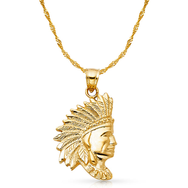 14K Gold Indian Charm Pendant with 1.8mm Singapore Chain Necklace