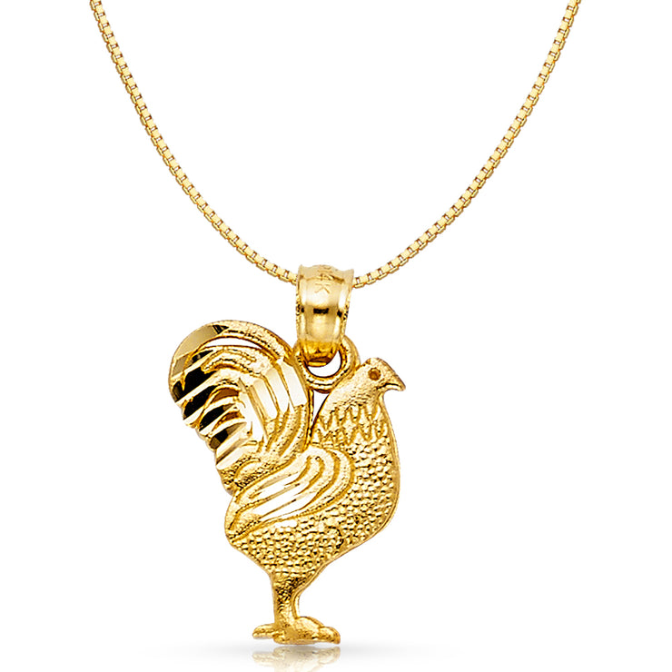 14K Gold Rooster Charm Pendant with 0.8mm Box Chain Necklace