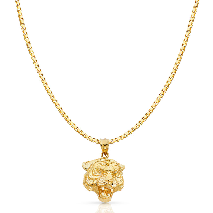 14K Gold Tiger Charm Pendant with 1.2mm Box Chain Necklace