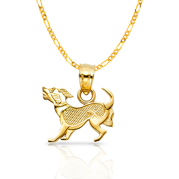 14K Gold Puppy Charm Pendant with 2.3mm Figaro 3+1 Chain Necklace