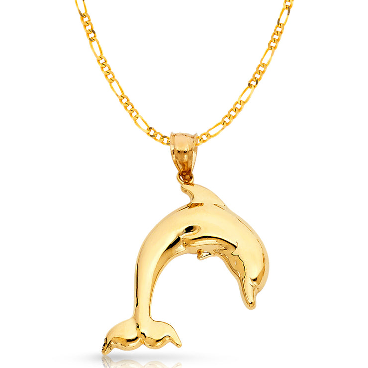 14K Gold Dolphin Charm Pendant with 3.1mm Figaro 3+1 Chain Necklace