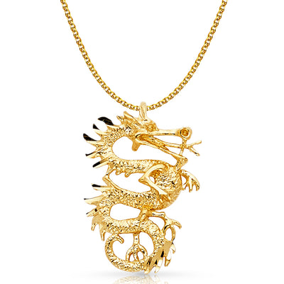 14K Gold Dragon Charm Pendant with 1.5mm Flat Open Wheat Chain Necklace