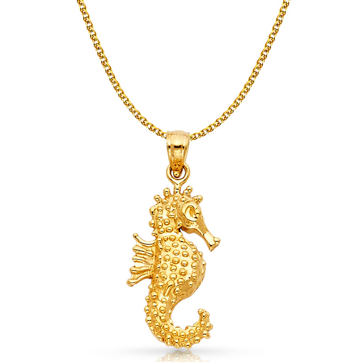 14K Gold Sea Horse Charm Pendant with 1.5mm Flat Open Wheat Chain Necklace