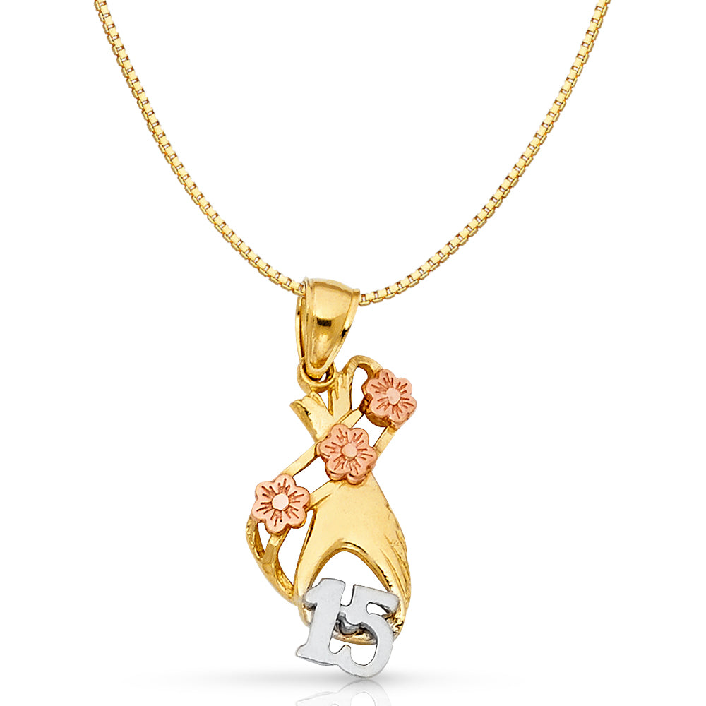 Charlie and Co Jewelry | Gold Sweet 15 Heart Pendant Three-Tones | 14K Gold 15 Years Pendant Pendant + 22” Box Chain