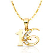 14K Gold CZ 16 Years Charm Pendant with 2.3mm Figaro 3+1 Chain Necklace