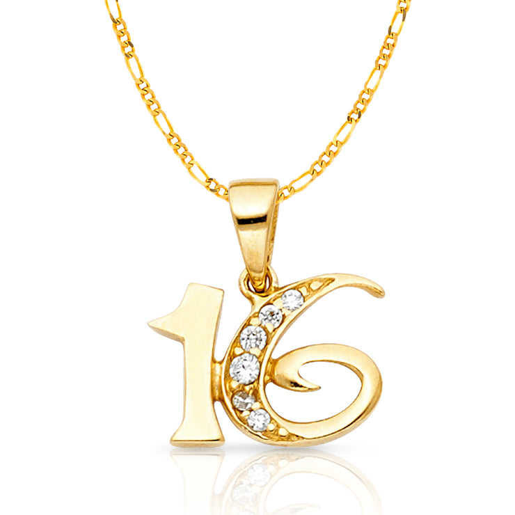 14K Gold CZ 16 Years Charm Pendant with 2.3mm Figaro 3+1 Chain Necklace