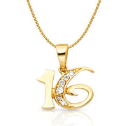 14K Gold CZ 16 Years Charm Pendant with 1.2mm Flat Open Wheat Chain Necklace