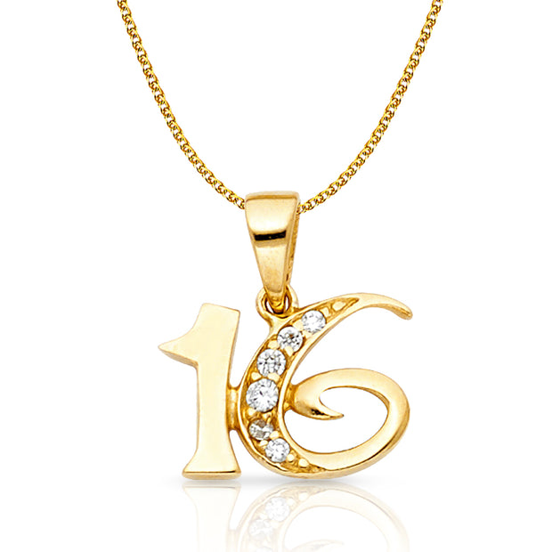 14K Gold CZ 16 Years Charm Pendant with 1.2mm Flat Open Wheat Chain Necklace