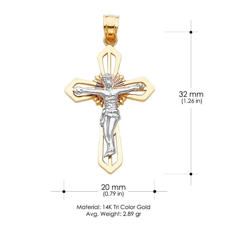 14K Gold Jesus Crucifix Cross Charm Pendant with 1.4mm Round Wheat Chain Necklace