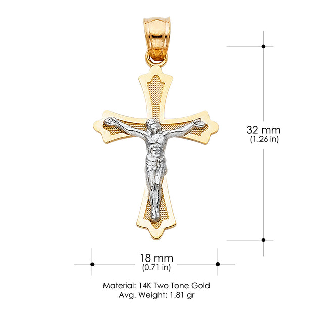 14K Gold Crucifix Cross Pendant with 1.5mm Flat Open Wheat Chain