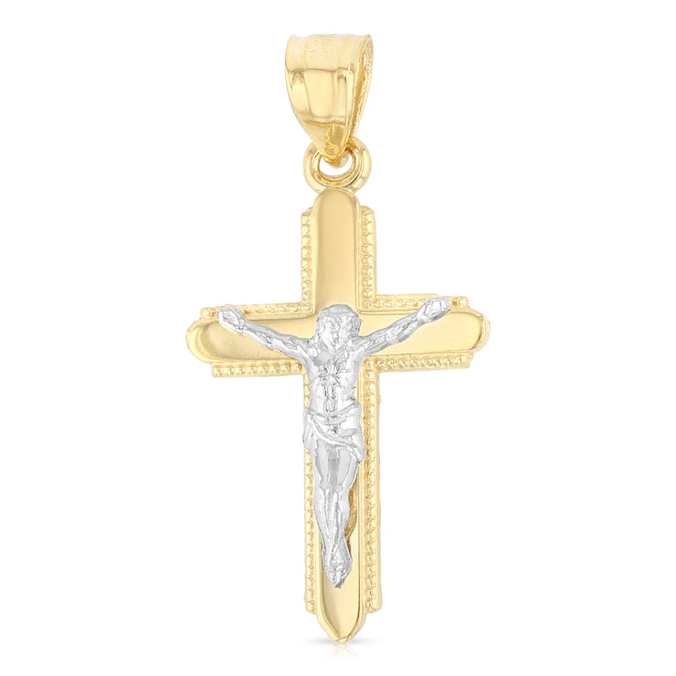 14K Gold Jesus Crucifix Cross Charm Pendant with 0.9mm Wheat Chain Necklace