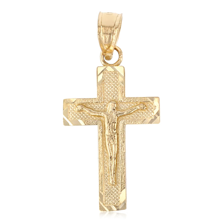 14K Gold Crucifix Cross Pendant with 1.5mm Flat Open Wheat Chain