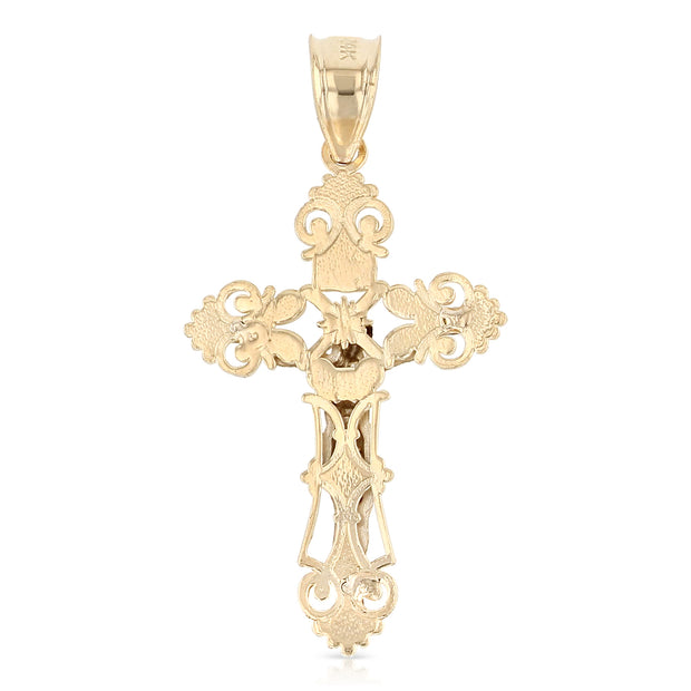 14K Gold Crucifix Cross Pendant with 1.5mm Flat Open Wheat Chain