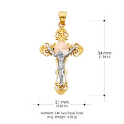 14K Gold Crucifix Cross Pendant with 1.5mm Flat Open Wheat Chain