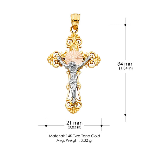 14K Gold Crucifix Cross Pendant with 3.1mm Figaro 3+1 Chain