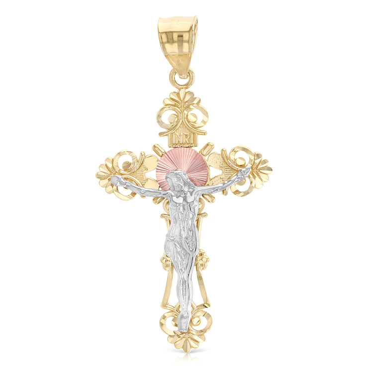 14K Gold Crucifix Cross Pendant with 3.8mm Figaro 3+1 Chain