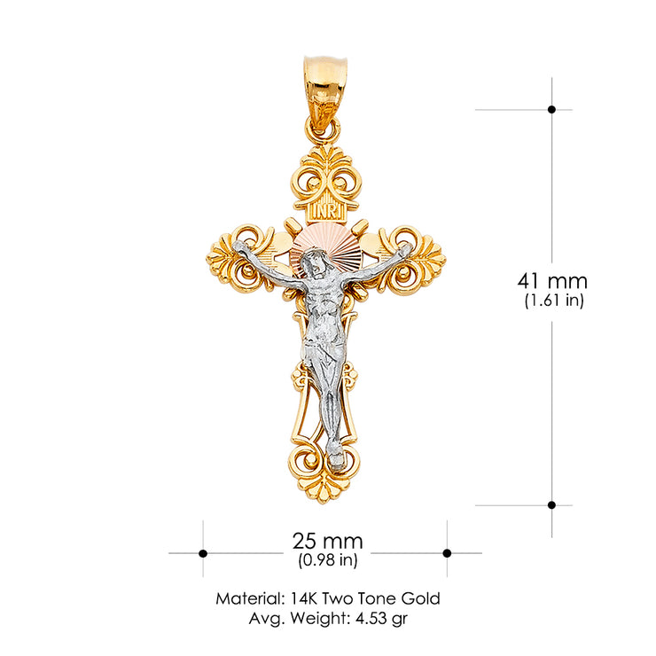 14K Gold Crucifix Cross Pendant with 3.8mm Figaro 3+1 Chain