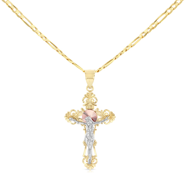 14K Gold Crucifix Cross Pendant with 3.8mm Figaro 3+1 Chain