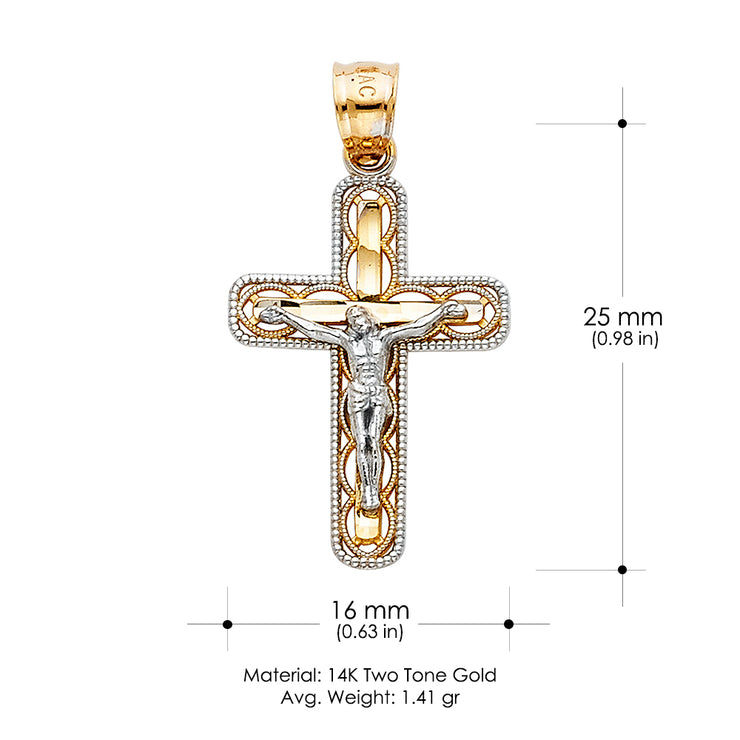 14K Gold Crucifix Cross Pendant with 2.3mm Figaro 3+1 Chain