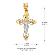 14K Gold Crucifix Cross Pendant with 2mm Figaro 3+1 Chain