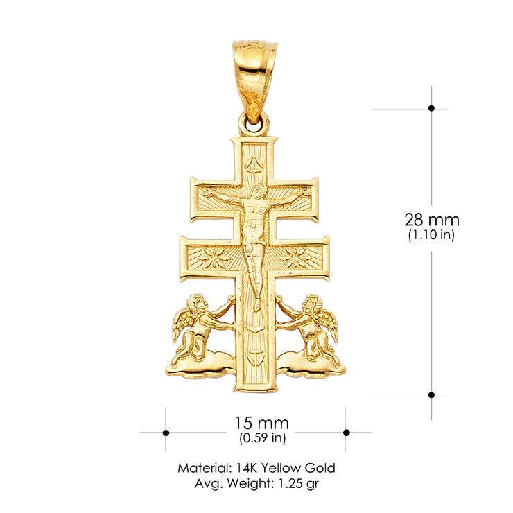 14K Gold Crucifix Cross of Caravaca Pendant with 1.5mm Flat Open Wheat Chain