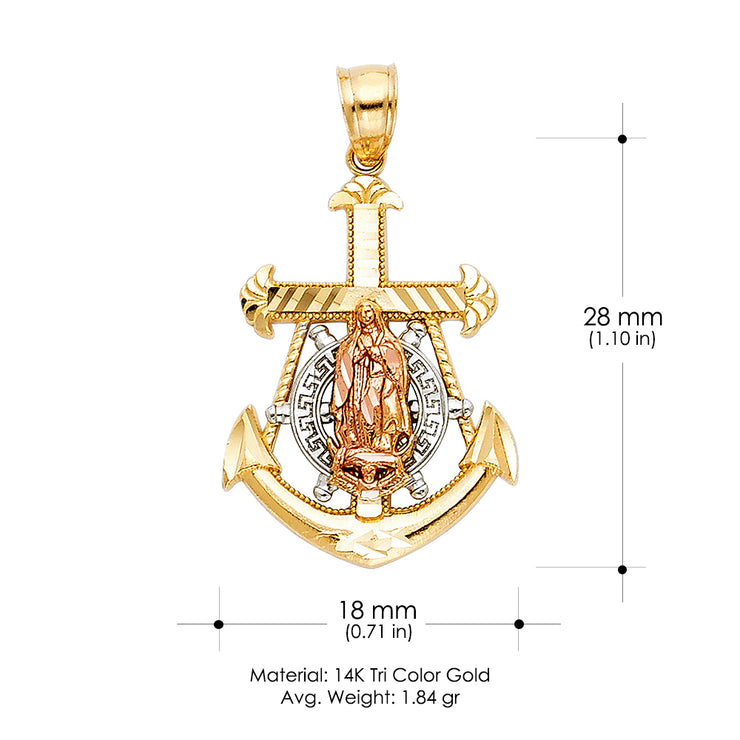 14K Gold Guadalupe Anchor Charm Pendant with 1.1mm Wheat Chain Necklace