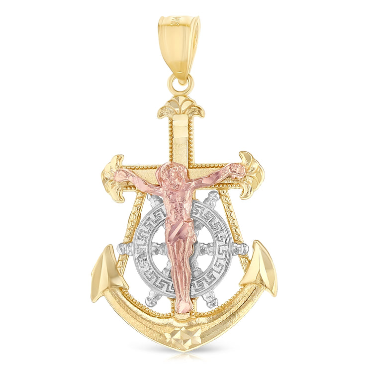 14K Gold Jesus Crucifix Anchor Pendant with 2.3mm Figaro 3+1 Chain