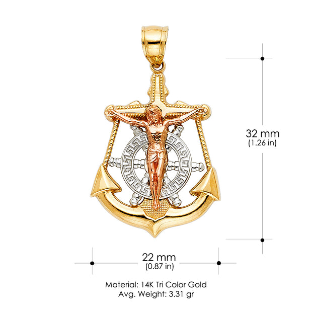 14K Gold Jesus Crucifix Anchor Pendant with 3.1mm Figaro 3+1 Chain