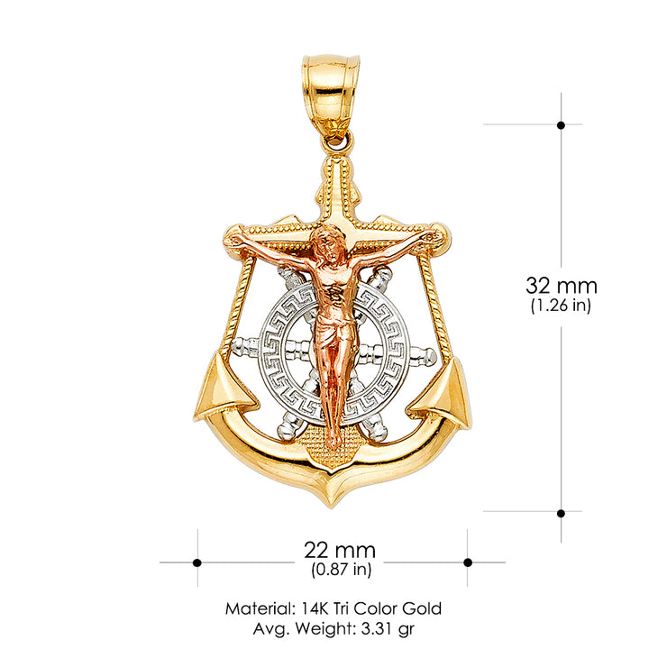 14K Gold Jesus Crucifix Anchor Pendant with 3.1mm Figaro 3+1 Chain