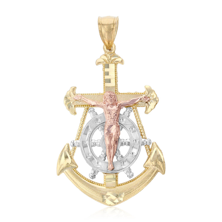 14K Gold Jesus Crucifix Anchor Pendant with 3.1mm Figaro 3+1 Chain