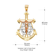 14K Gold Jesus Crucifix Anchor Charm Pendant with 1.4mm Round Wheat Chain Necklace