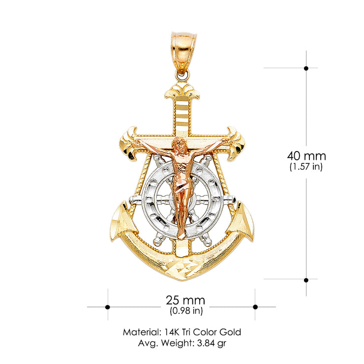 14K Gold Jesus Crucifix Anchor Pendant with 3.1mm Figaro 3+1 Chain